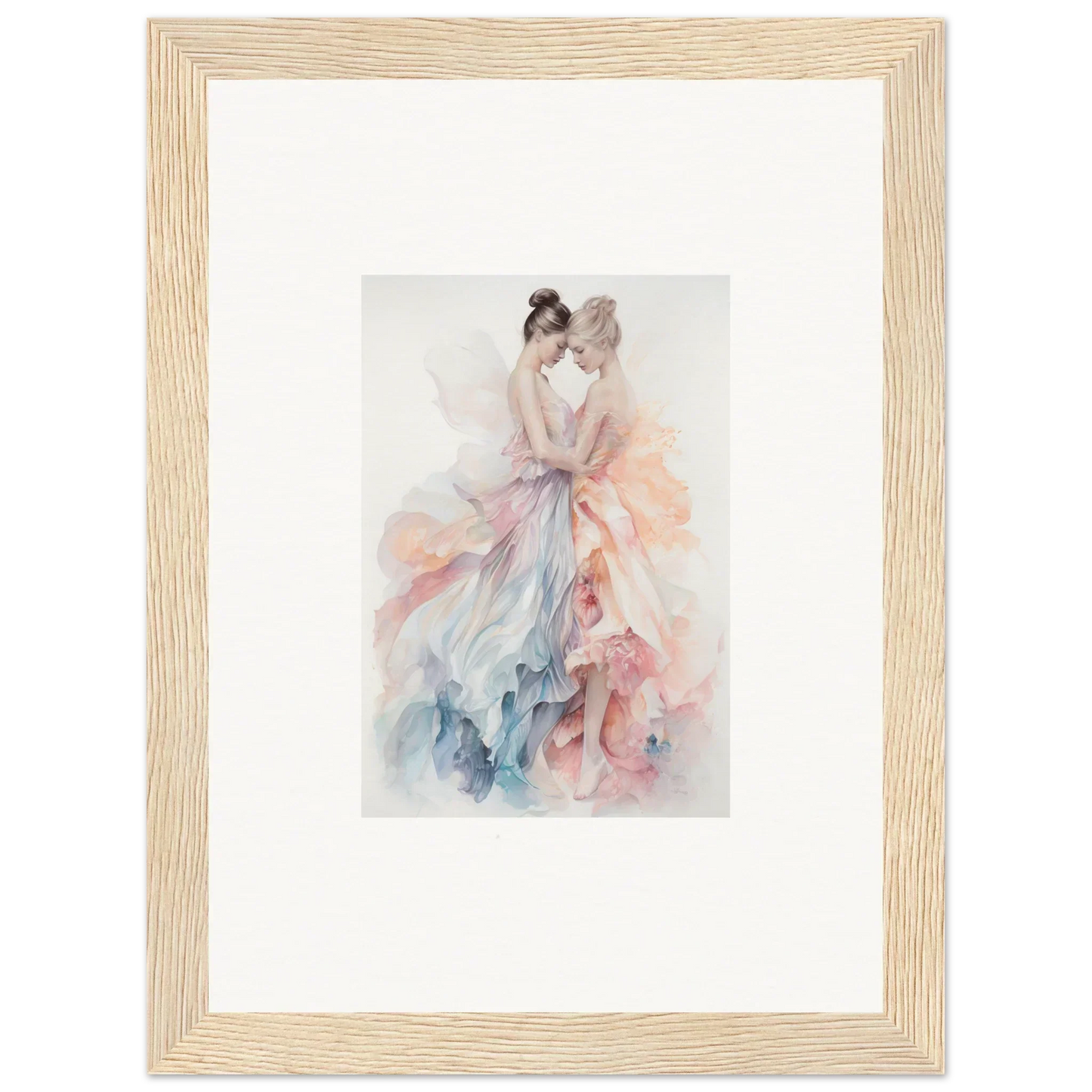 Framed watercolor of two figures in pastel dresses from Ethereal Lacework Wispers