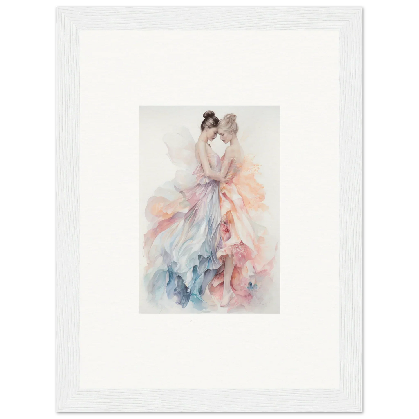 Delicate watercolor of two figures in pastel gowns for Ethereal Lacework Wispers