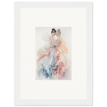 Delicate watercolor of two figures in pastel gowns for Ethereal Lacework Wispers