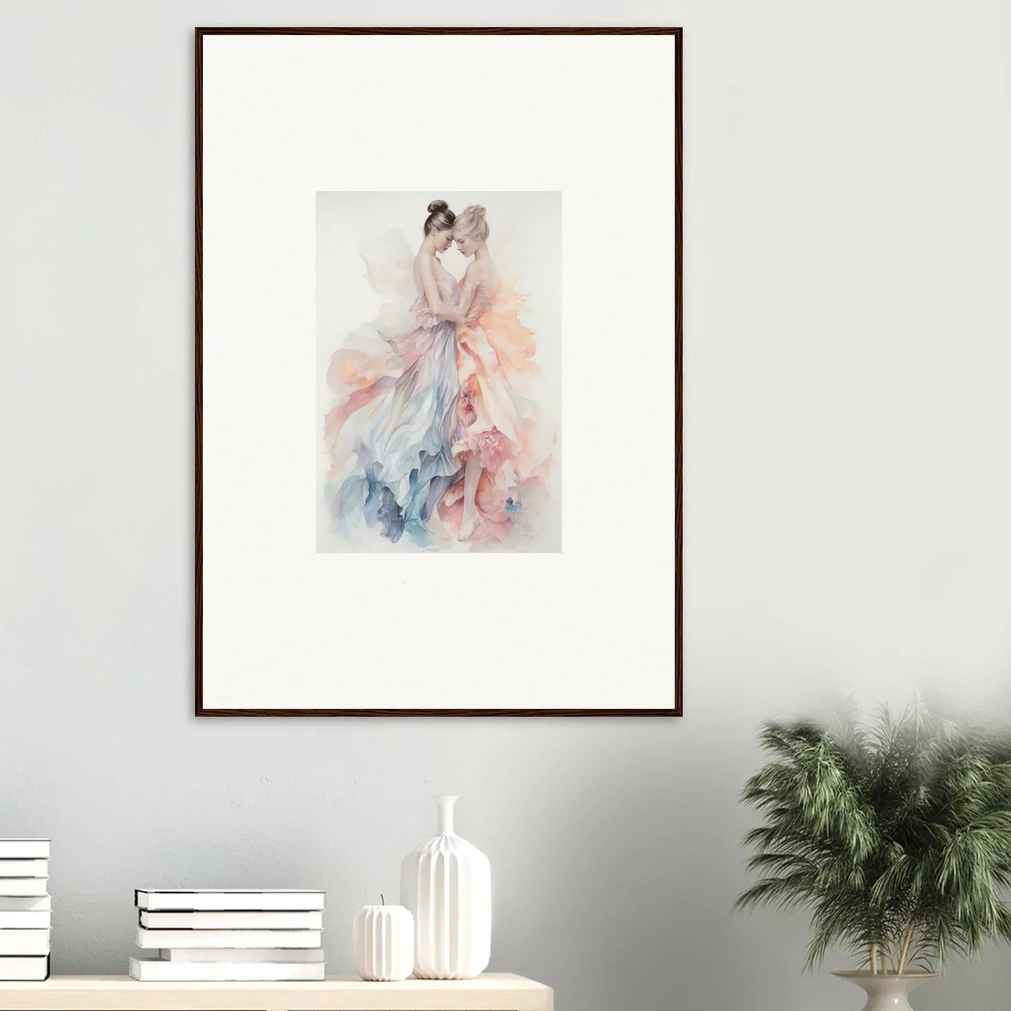 Framed watercolor art of a flowing dress in pink and blue from Ethereal Lacework Wispers