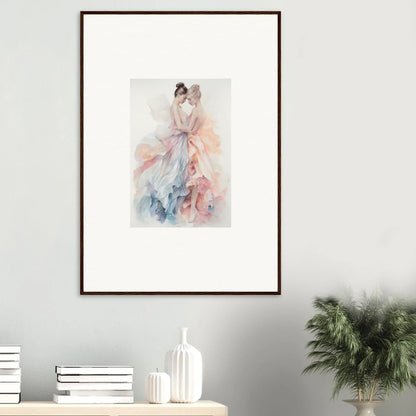 Framed watercolor art of a flowing dress in pink and blue from Ethereal Lacework Wispers