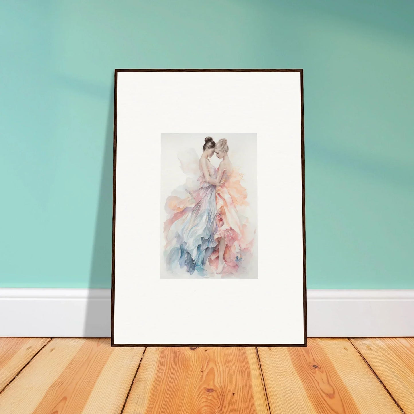 Framed watercolor of a flowing dress in pink and blue for Ethereal Lacework Wispers