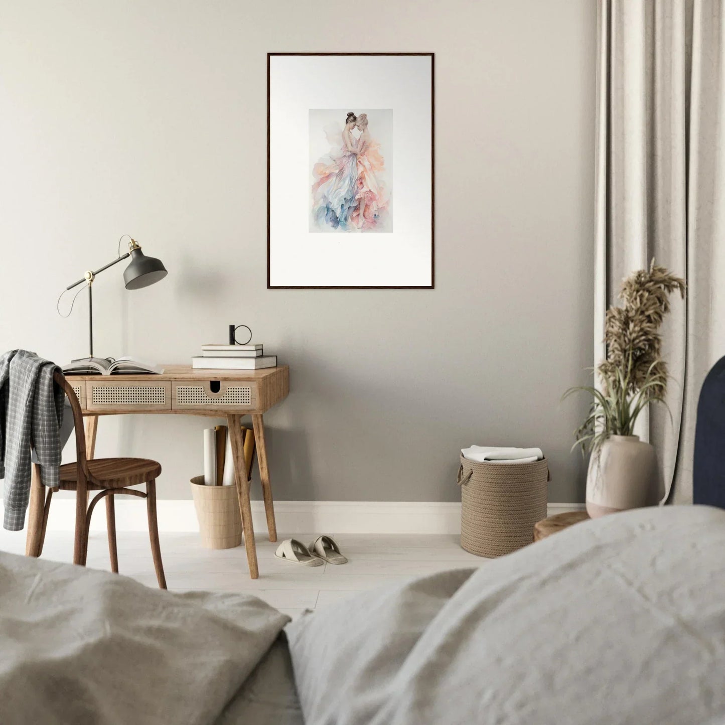 Wooden desk with lamp and Ethereal Lacework Wispers artwork above it