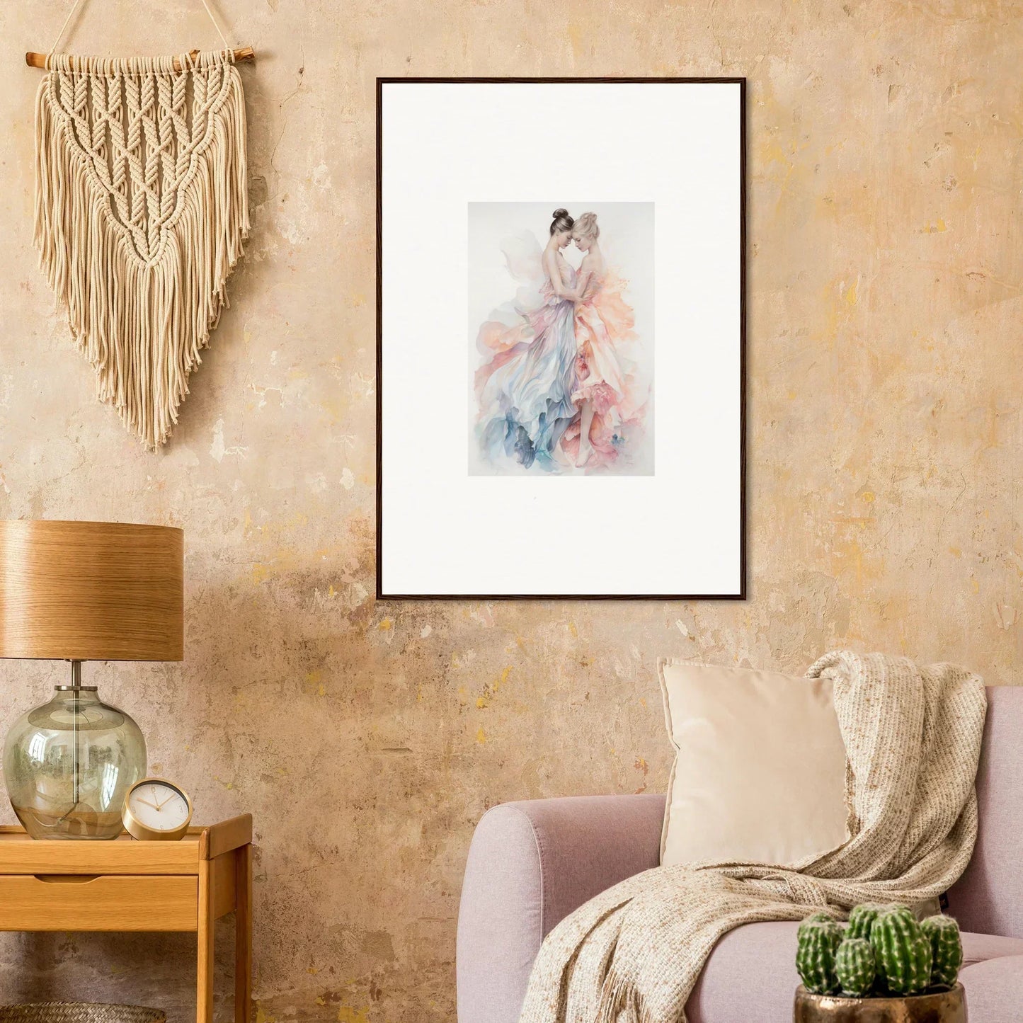 Framed watercolor art of a figure in pink and blue for Ethereal Lacework Wispers