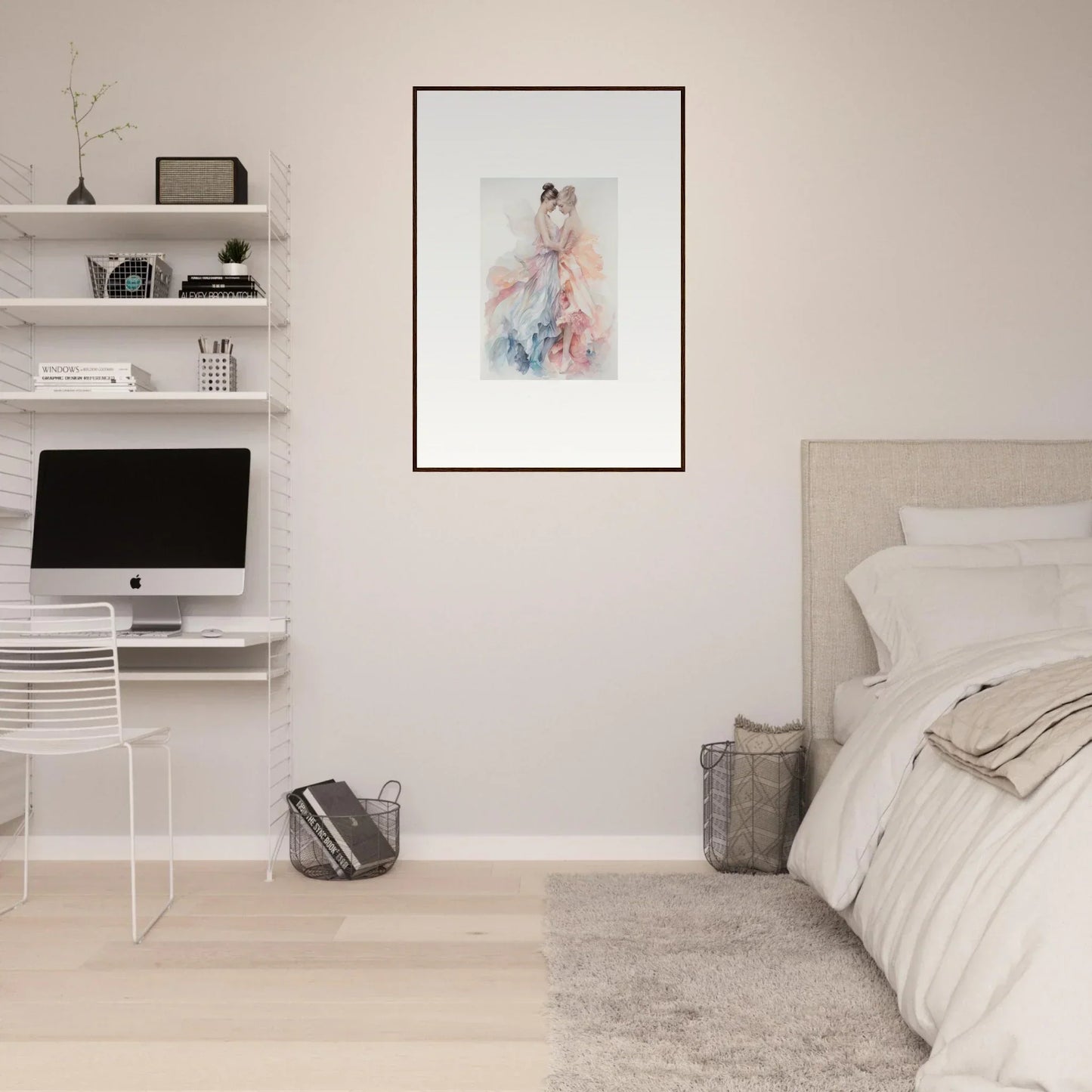 Minimalist bedroom showcasing Ethereal Lacework Wispers art and white floating shelves