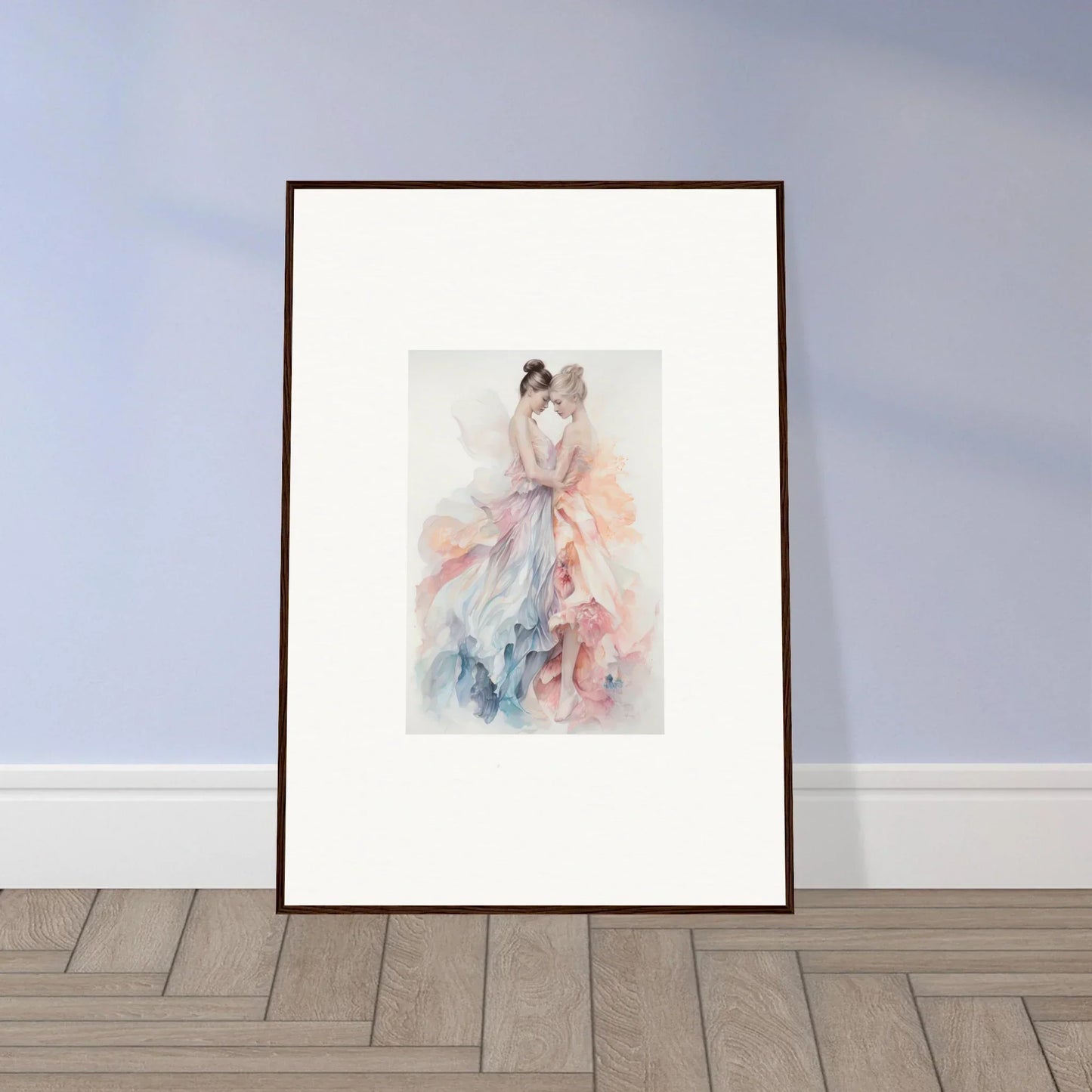 Framed watercolor art of a flowing dress in soft pink and blue for Ethereal Lacework Wispers