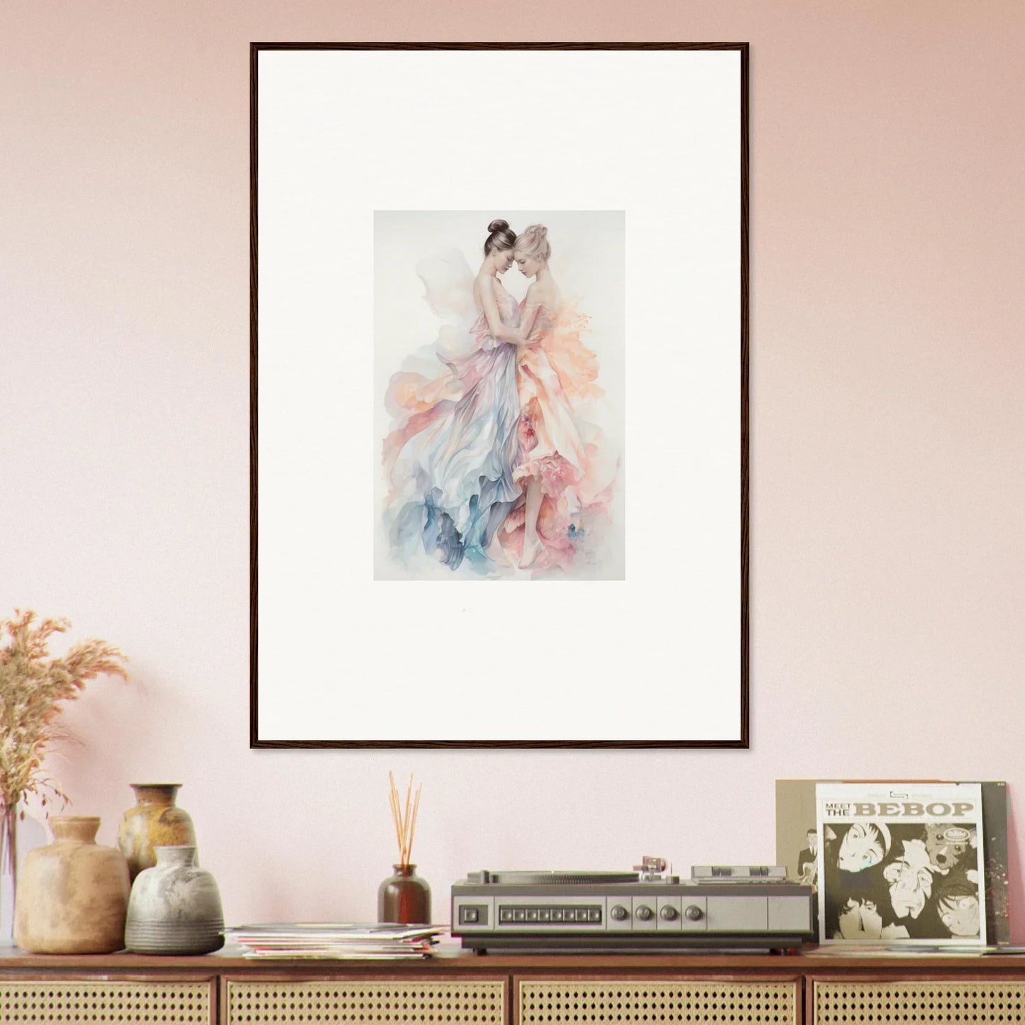 Framed watercolor figure in flowing dress, part of Ethereal Lacework Wispers collection