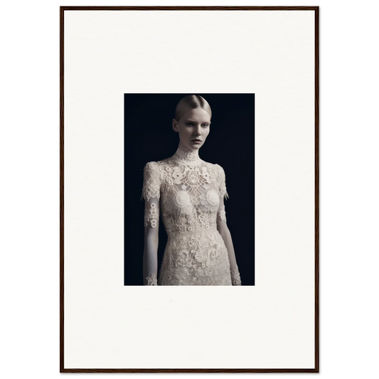 Framed black and white photograph of a person in a lace wedding dress for marble dreams room decor