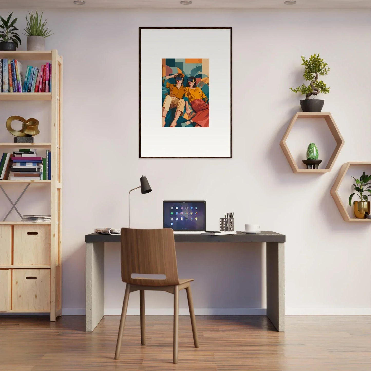 Home office workspace featuring desk, chair, and Matrix Enigma framed wall art