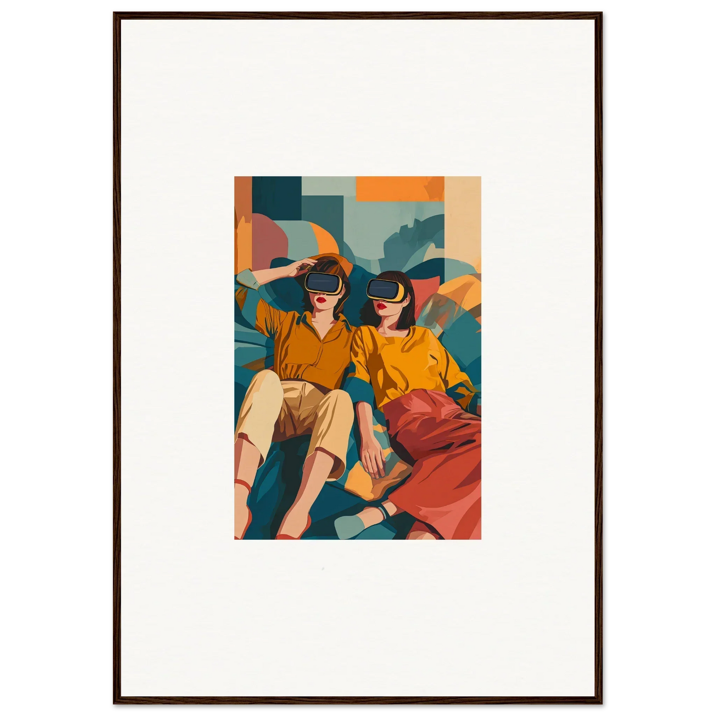 Framed wall art of two figures in yellow tops, colorful skirts for stylish room decor