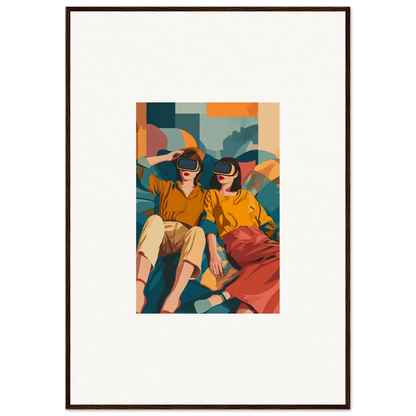 Framed wall art of two figures in yellow tops, colorful skirts for stylish room decor