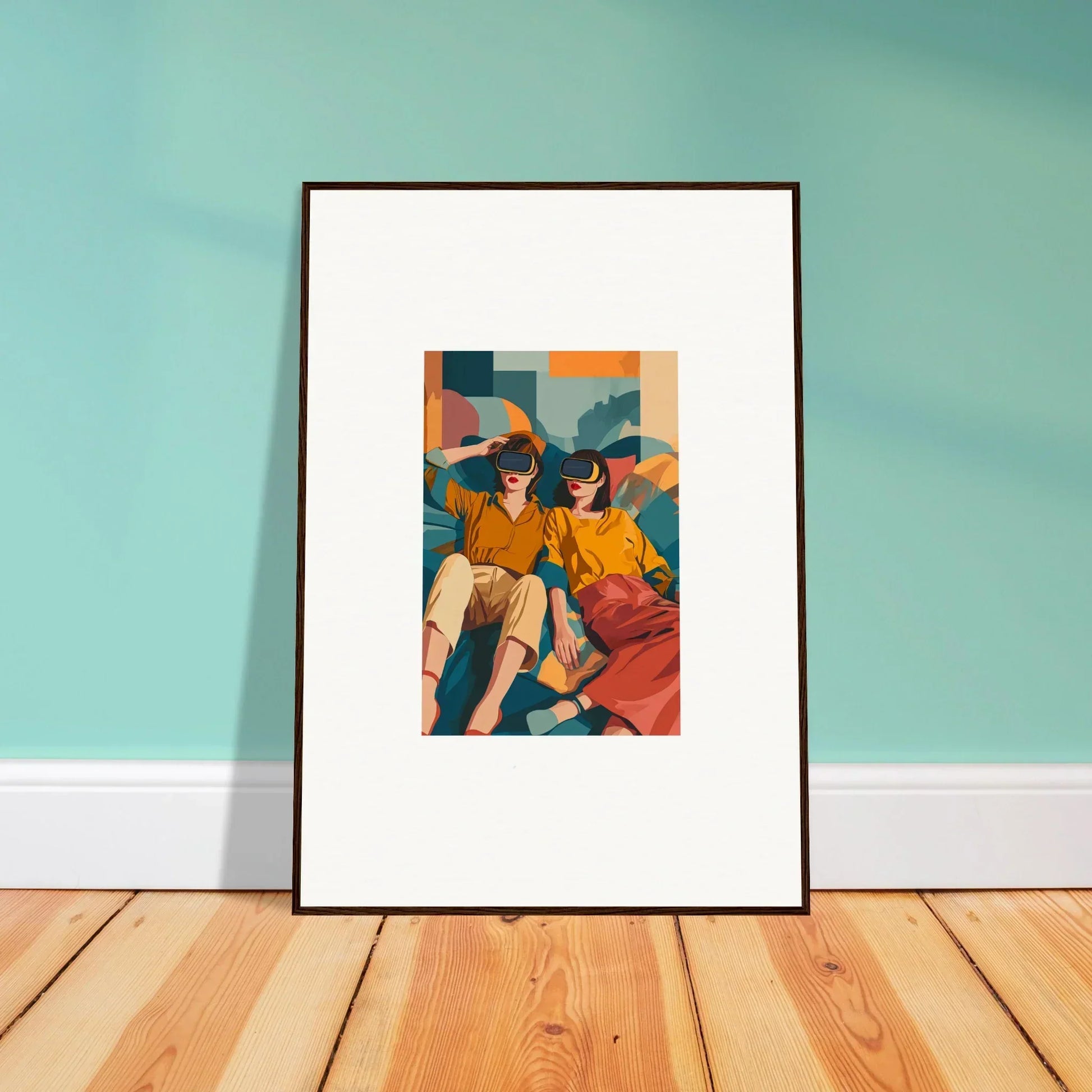 Framed wall art featuring colorful figures in an Ethereal Matrix Enigma design