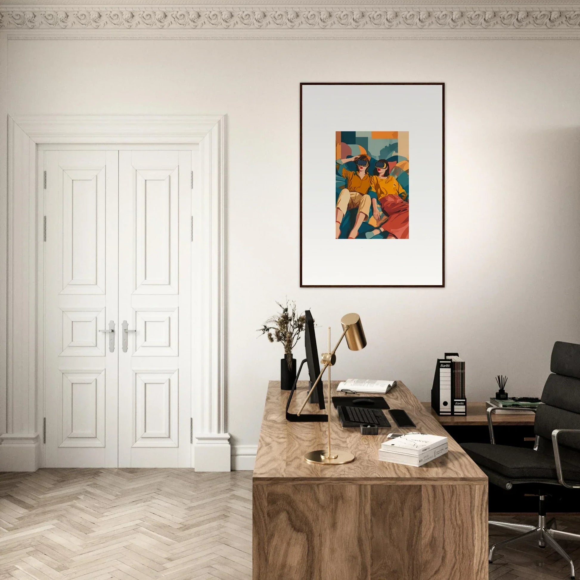 Minimalist workspace featuring a wooden desk, typewriter, and stylish room decor