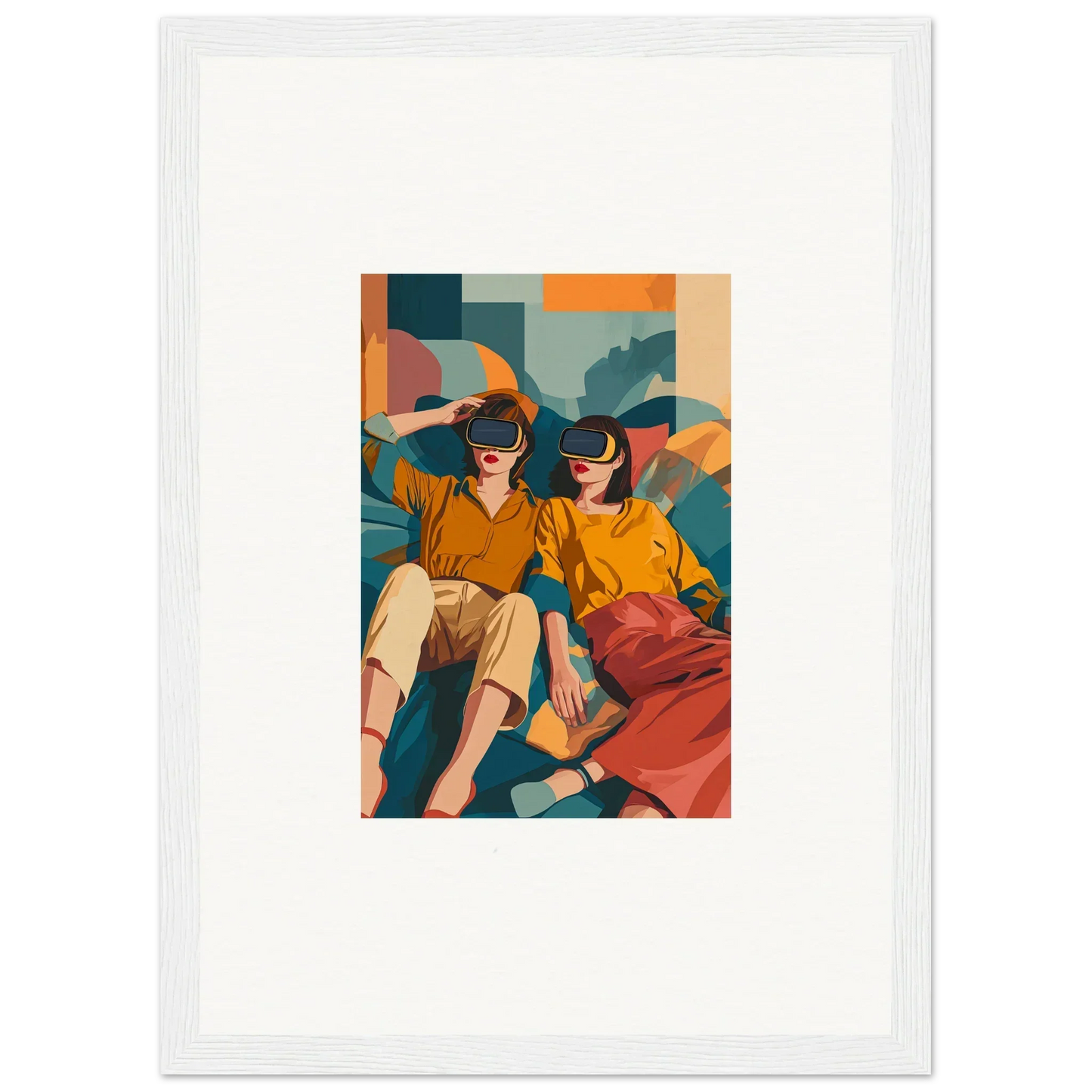 Framed wall art featuring two stylized figures in colorful retro-inspired clothing for room decor