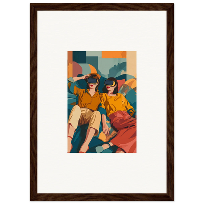 Colorful framed wall art of two people in virtual reality, Ethereal Matrix Enigma