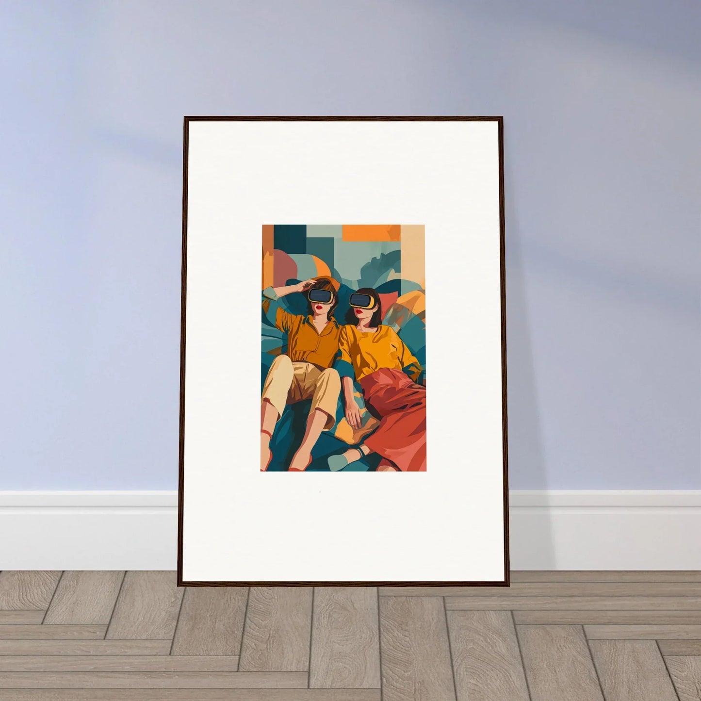 Framed wall art of colorful illustration featuring two people for stylish room decor