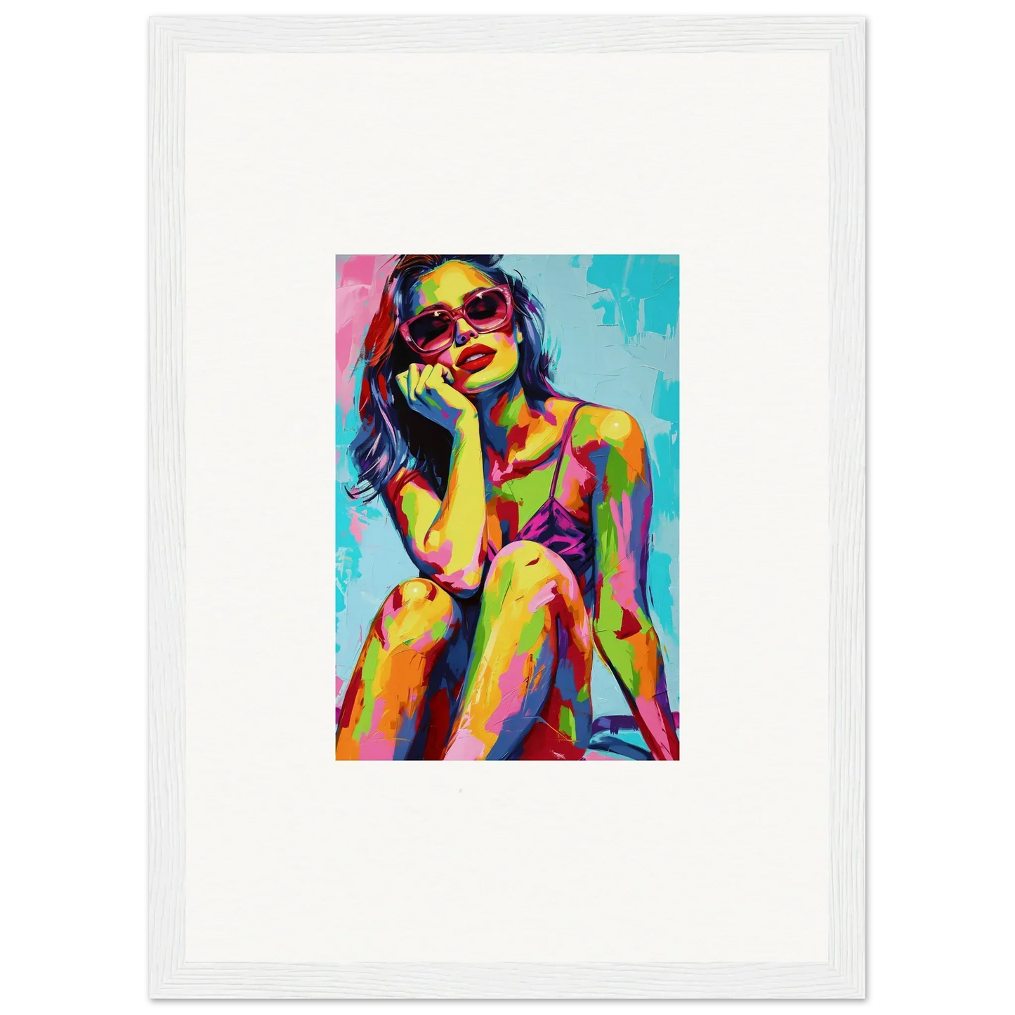 Colorful pop art portrait of a woman in sunglasses perfect for mindscape reverie room decoration