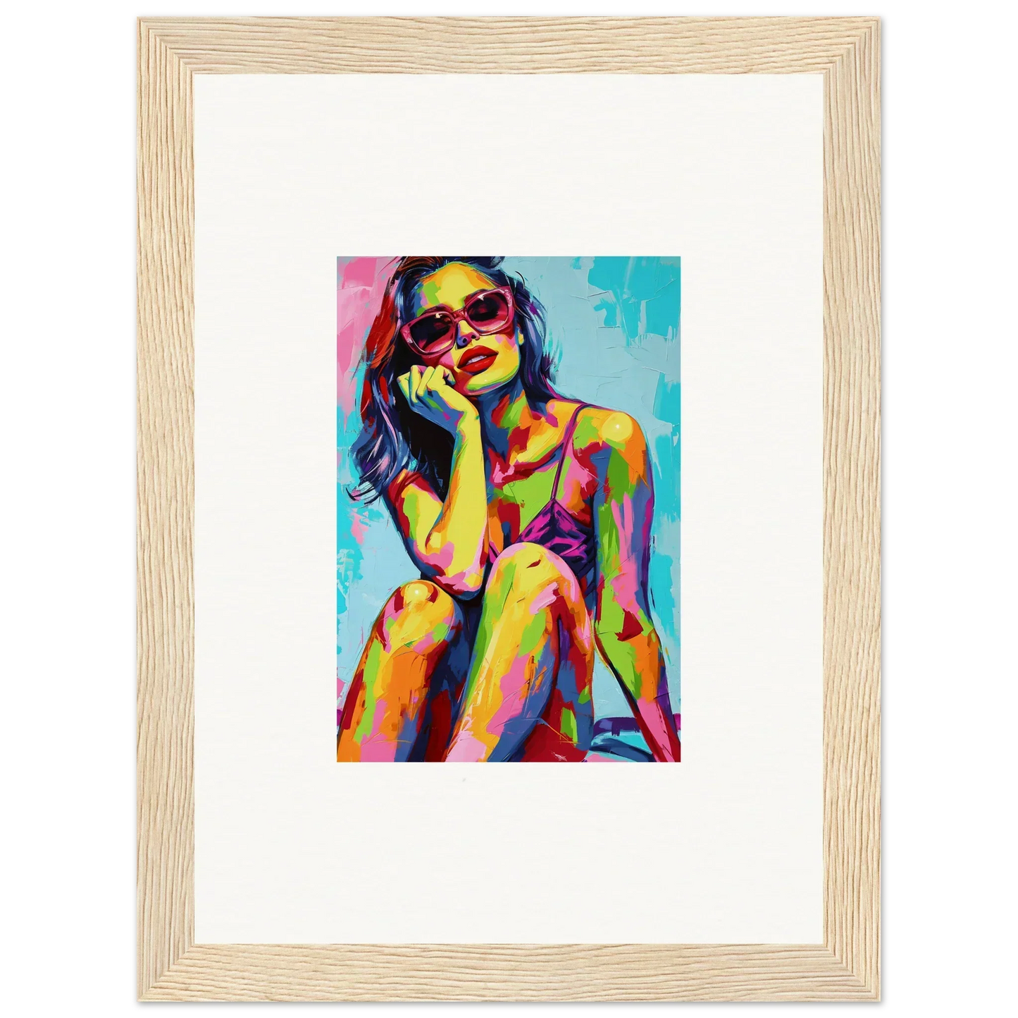 Colorful pop art portrait of a woman in sunglasses for mindscape reverie room decoration