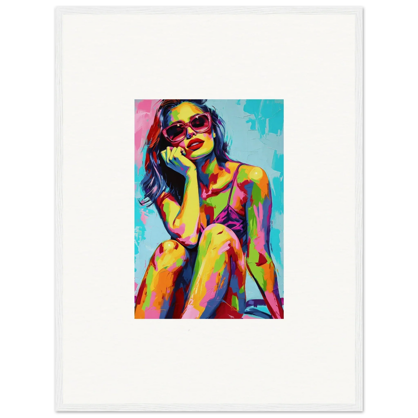 Vibrant pop art portrait of a woman in sunglasses for cool room decoration canvas print