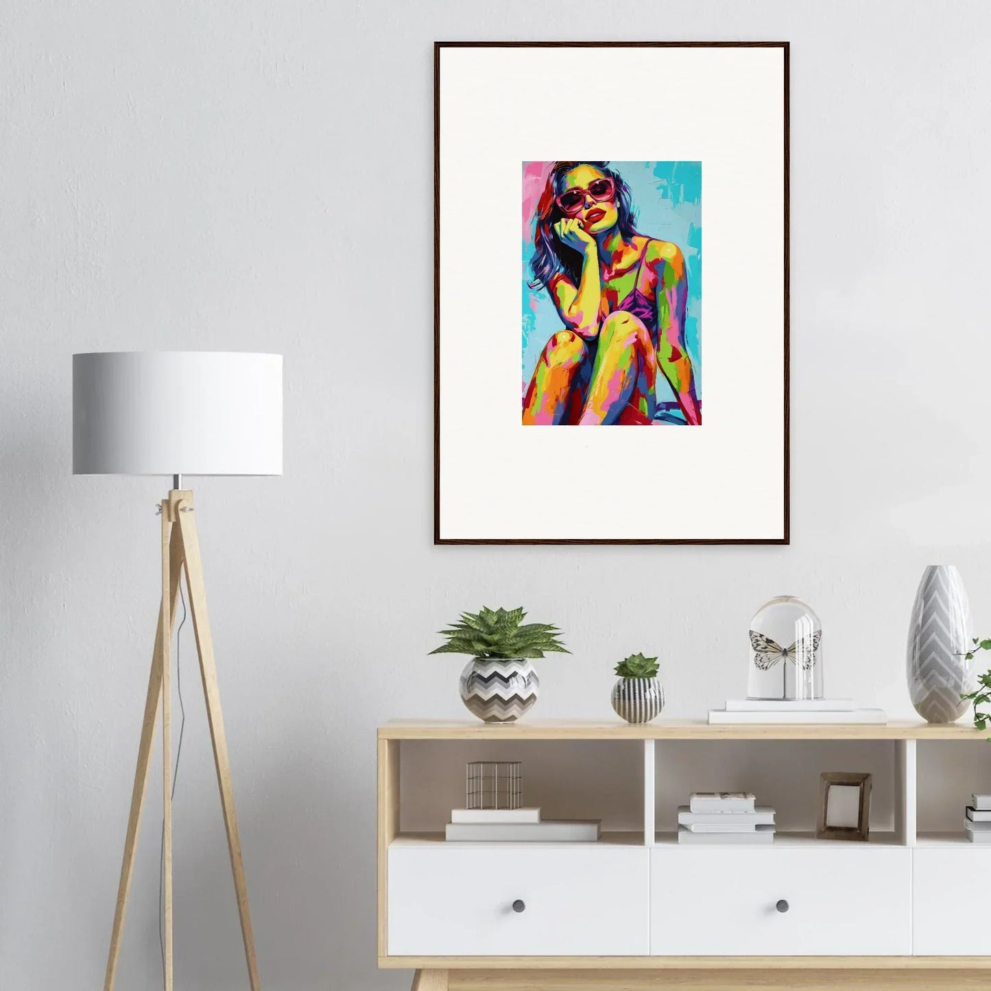 Colorful abstract painting of a seated figure wearing sunglasses for mindscape reverie room decoration