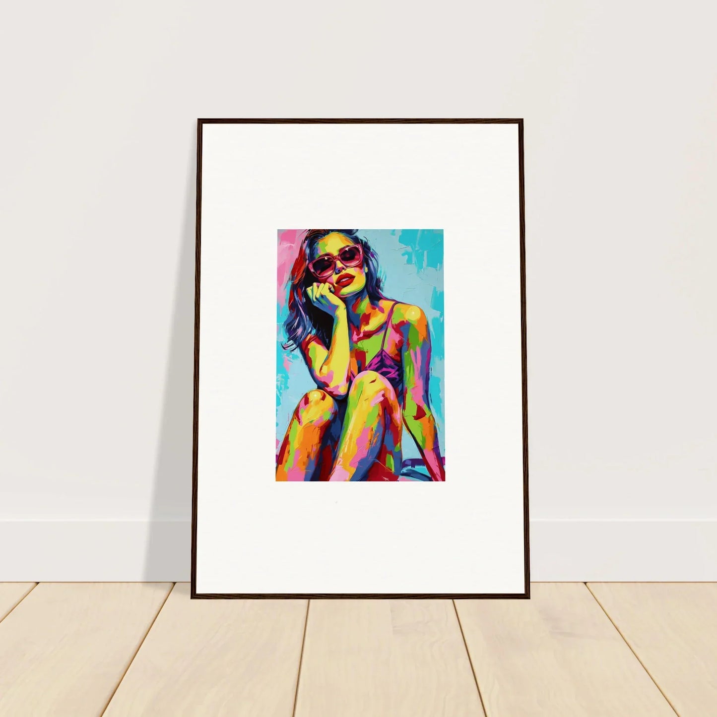 Colorful abstract portrait of a woman in sunglasses, perfect for mindscape reverie room decoration