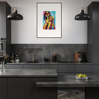 Modern kitchen with dark cabinets and a vibrant Mindscape Reverie canvas print