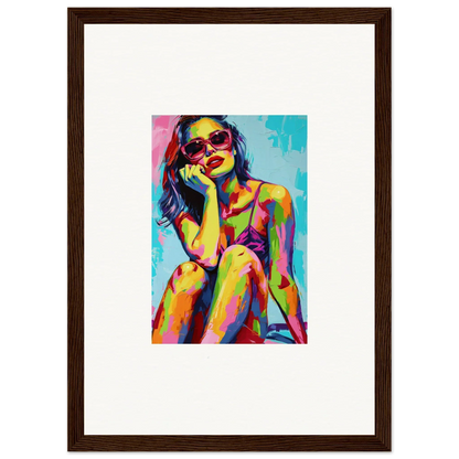 Colorful abstract portrait of a woman in sunglasses, perfect for mindscape reverie room decoration