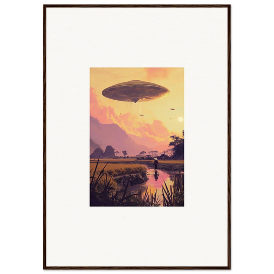 Airship hovering in sunset sky for Mindship Landing framed wall art room decor