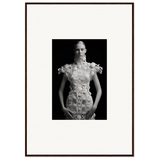 Black and white portrait of a person in a floral lace dress for Monad Exhale wall art