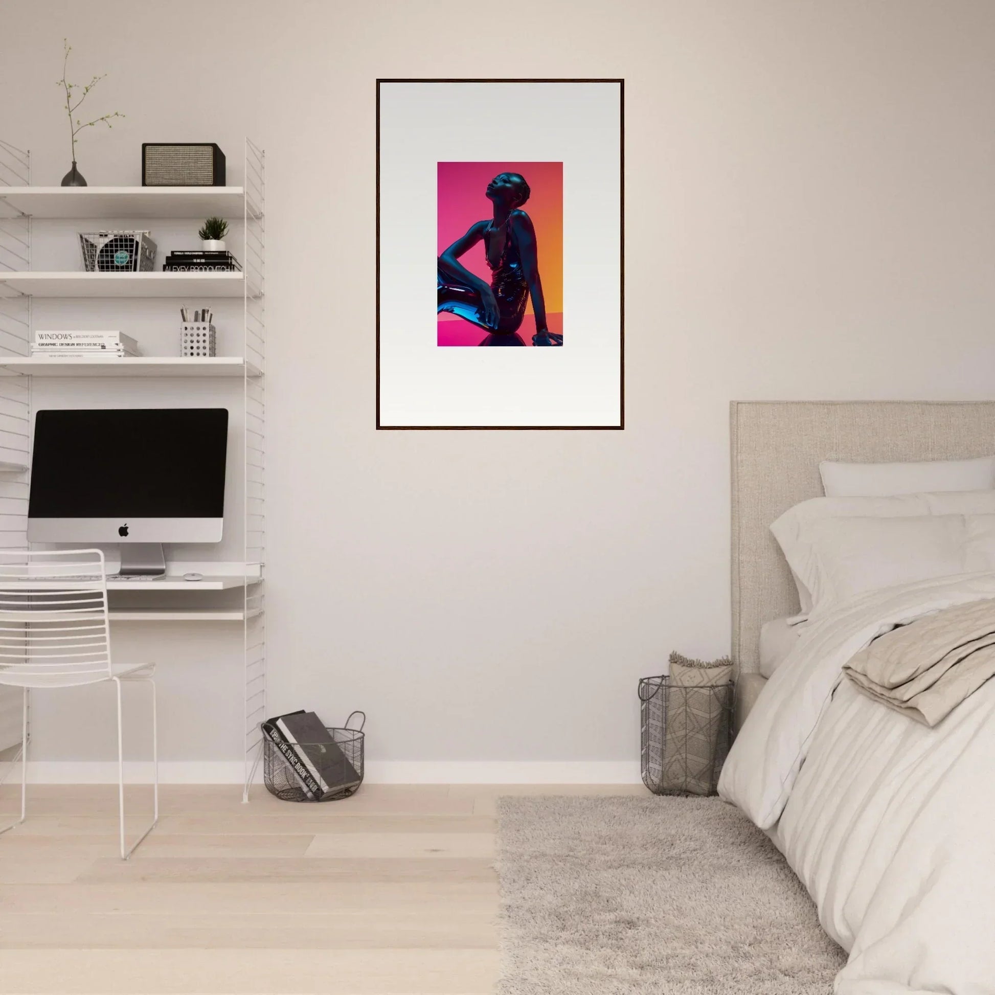 Framed wall art of a seated figure silhouette in vibrant pink and purple neon echoes