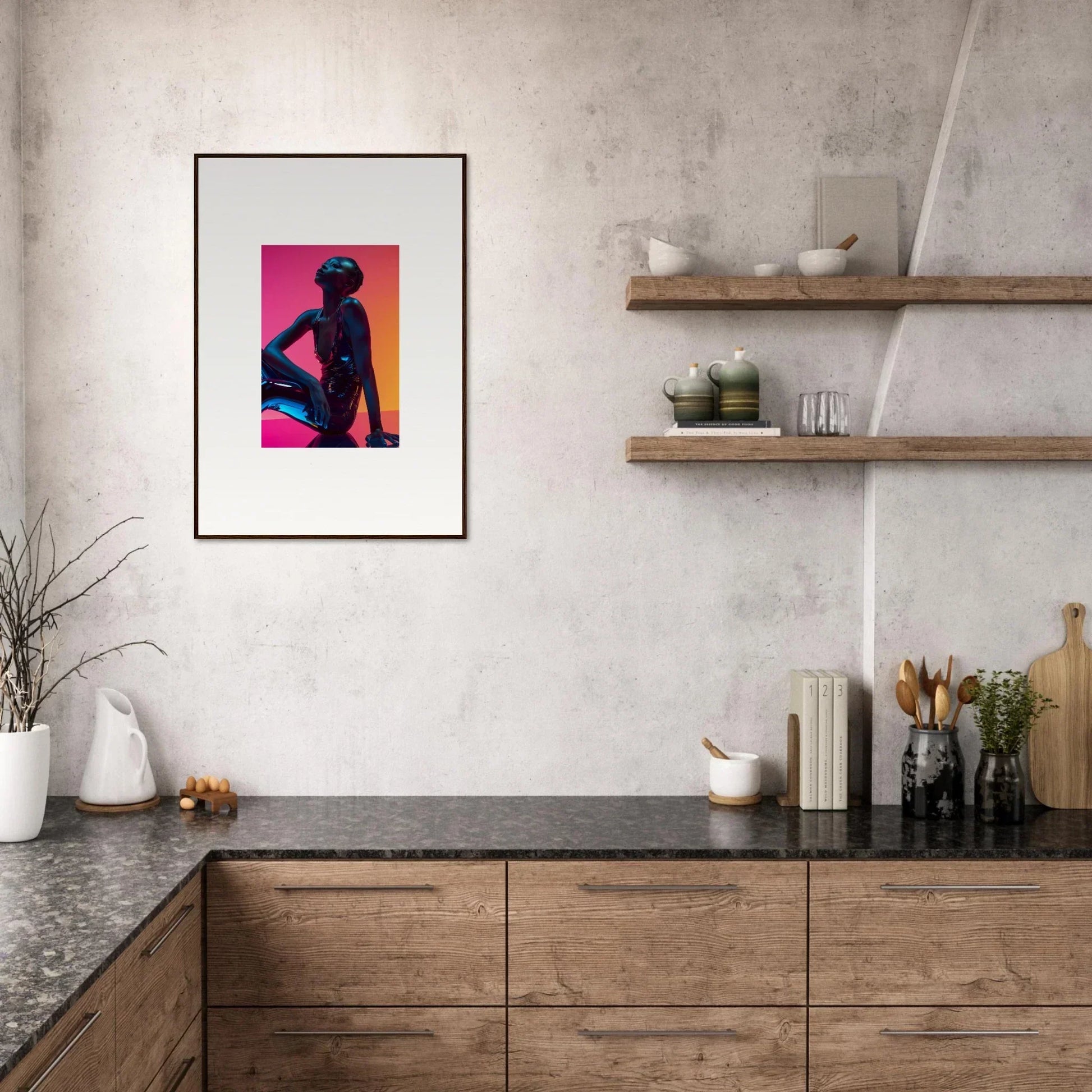 Framed wall art of a silhouetted figure with vibrant pink and orange neon echoes