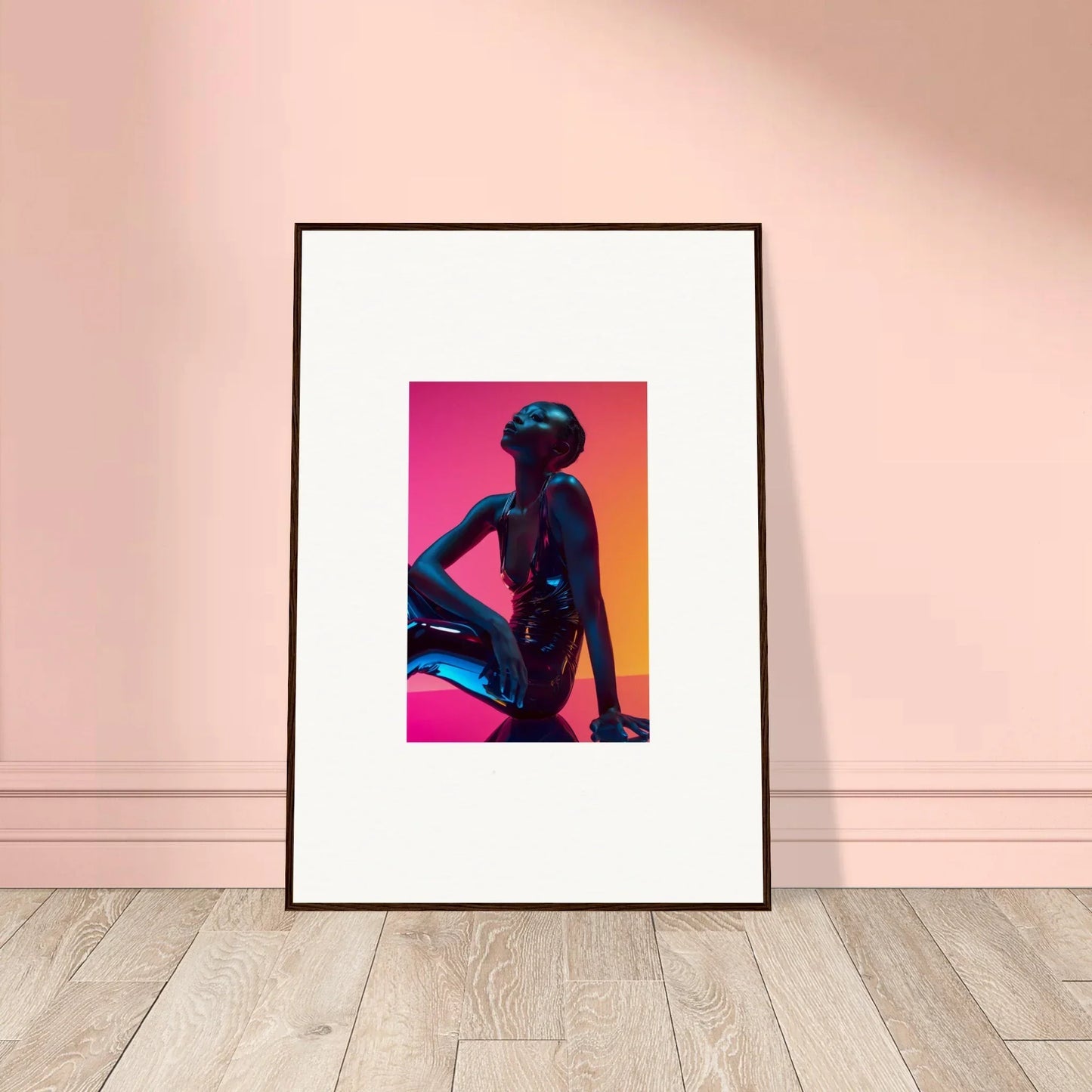 Silhouetted figure in vibrant gradient, framed wall art for neon echoes room decor