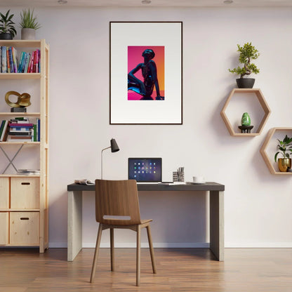 Modern home office with desk and neon echoes wall art for stylish room decor