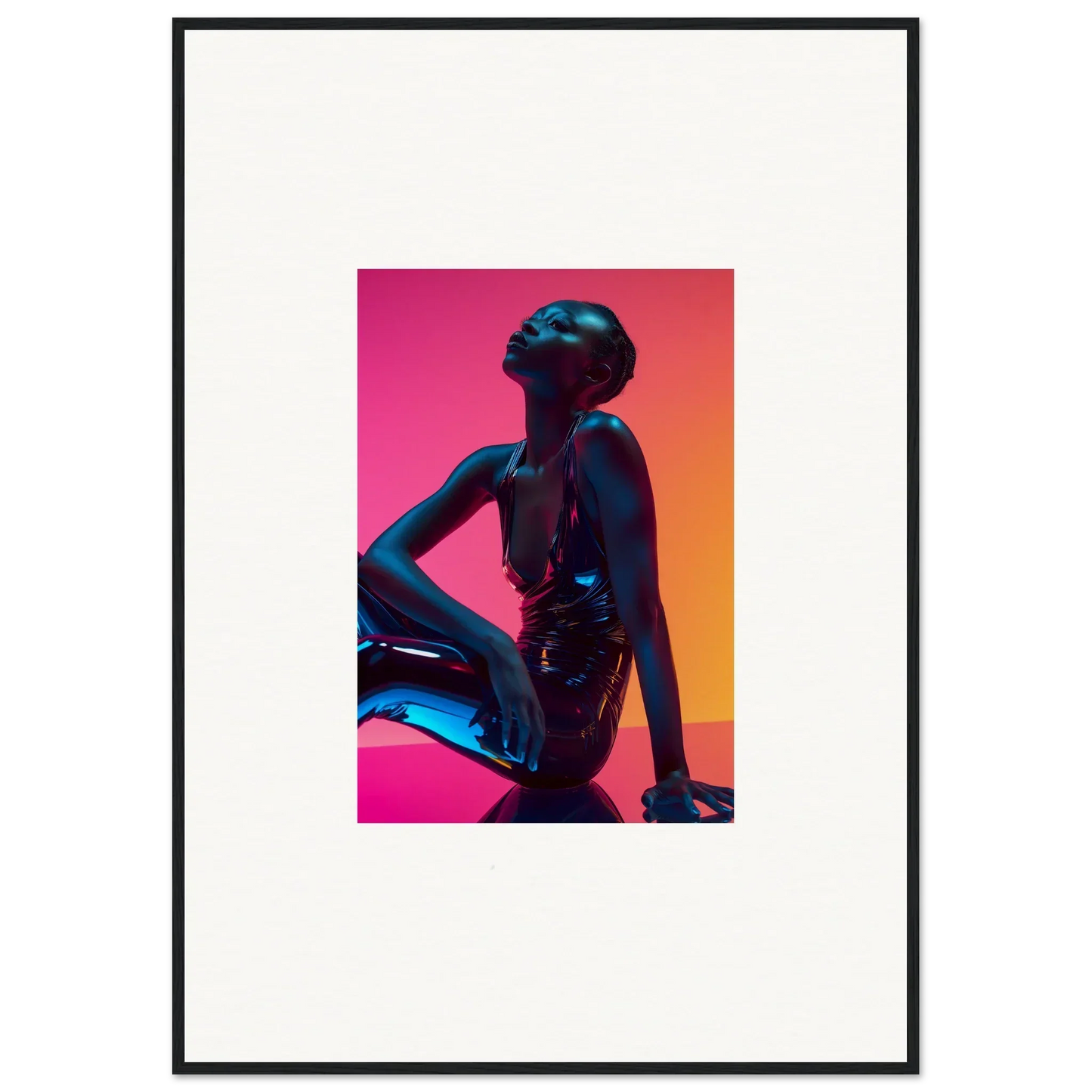 Stylized silhouette posing dramatically in vibrant pink and orange for Neon Echoes wall art