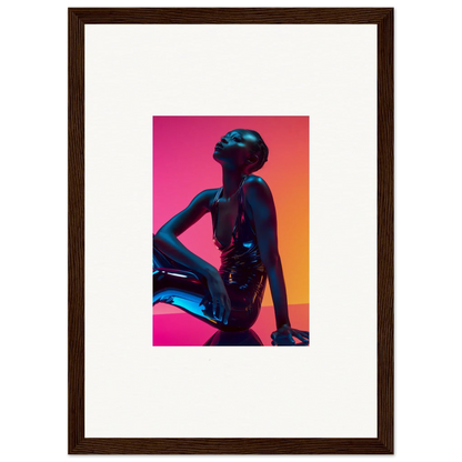 Framed wall art featuring a vibrant neon echoes stylized human figure for unique room decor