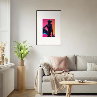 Framed wall art of a silhouetted figure with vibrant neon echoes in the background