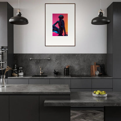 Modern kitchen with dark cabinetry and framed wall art featuring Neon Echoes decor