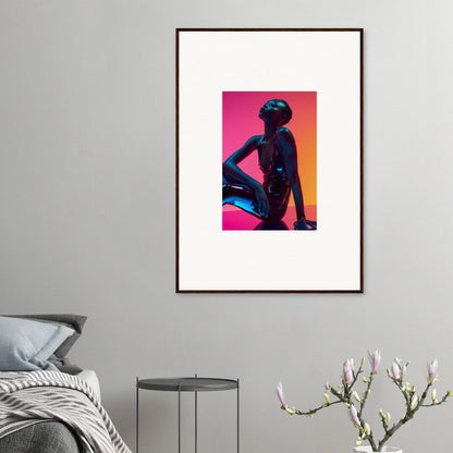 Framed wall art of a silhouetted figure in vibrant pink and orange neon echoes room decor