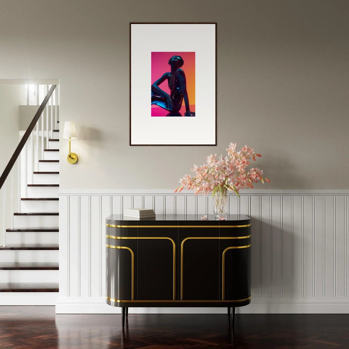 Framed wall art featuring a silhouette on a vibrant pink background, Neon Echoes decor