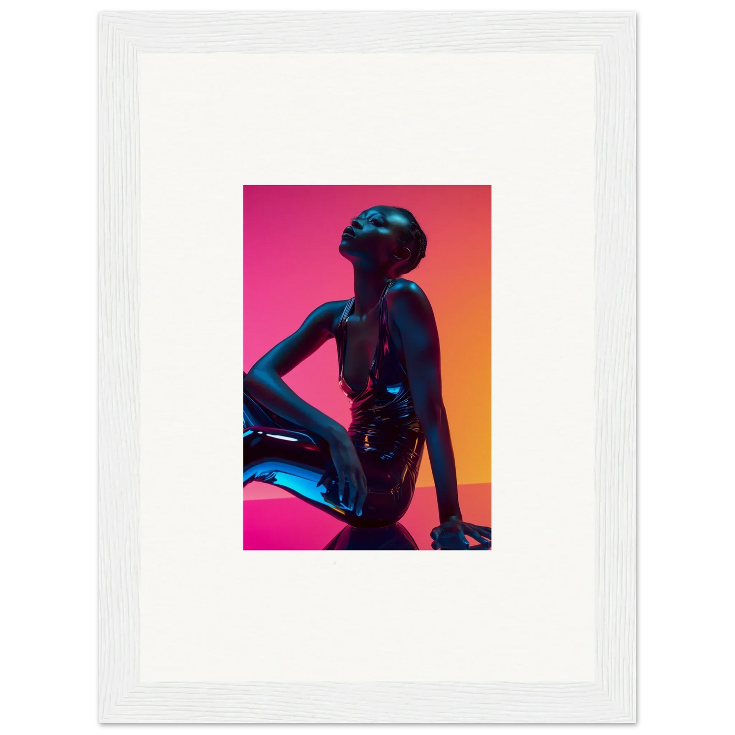 Silhouette of a seated figure in blue on vibrant gradient for Ethereal Neon Echoes wall art