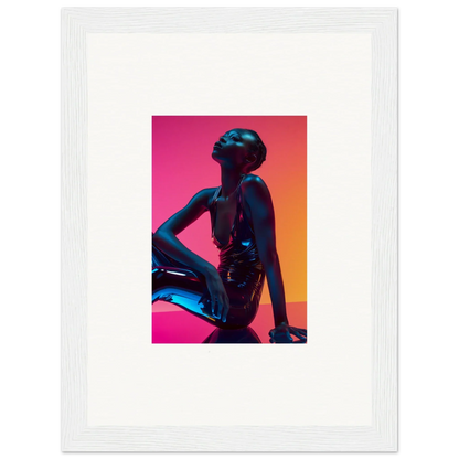 Silhouette of a seated figure in blue on vibrant gradient for Ethereal Neon Echoes wall art