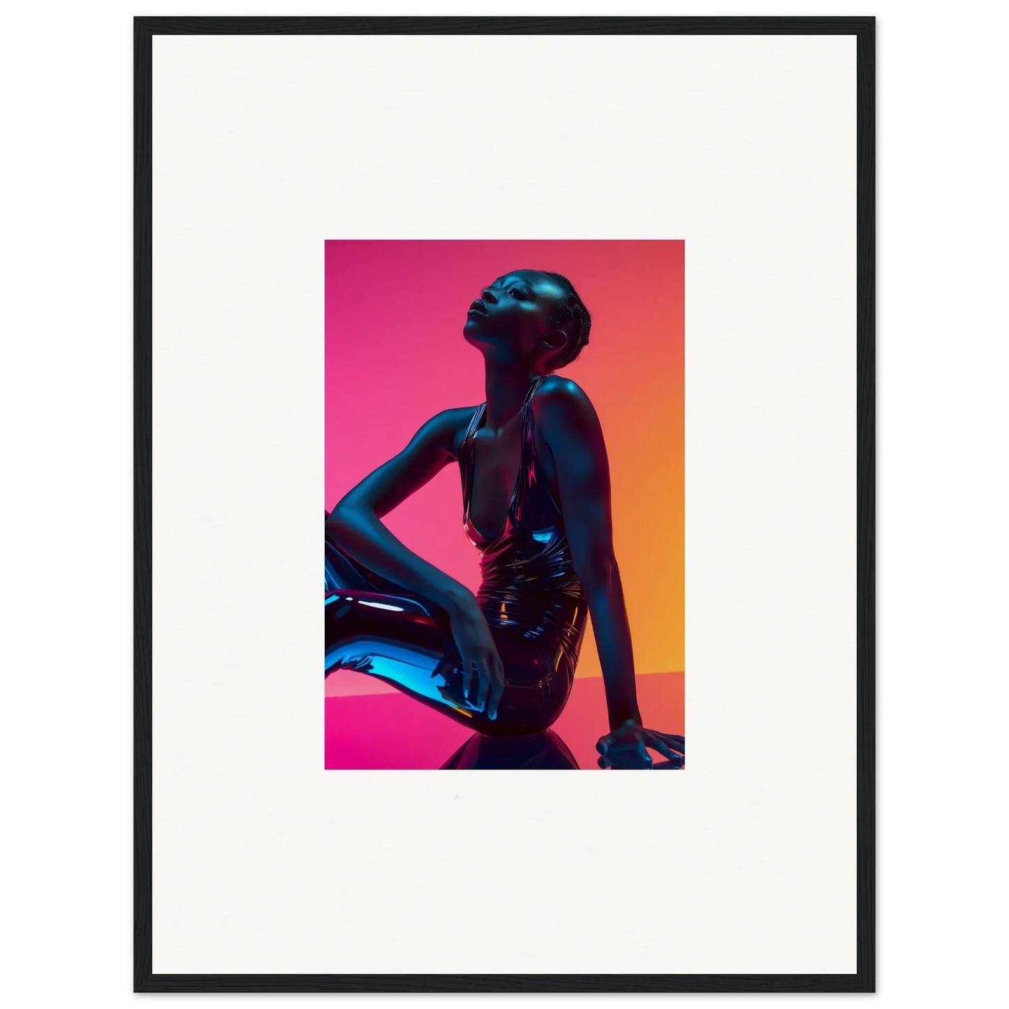 Silhouette of a seated figure against vibrant gradient, perfect for Neon Echoes room decor