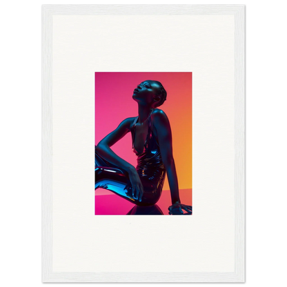 Silhouette of a person in a seated pose with vibrant pink neon echoes wall art