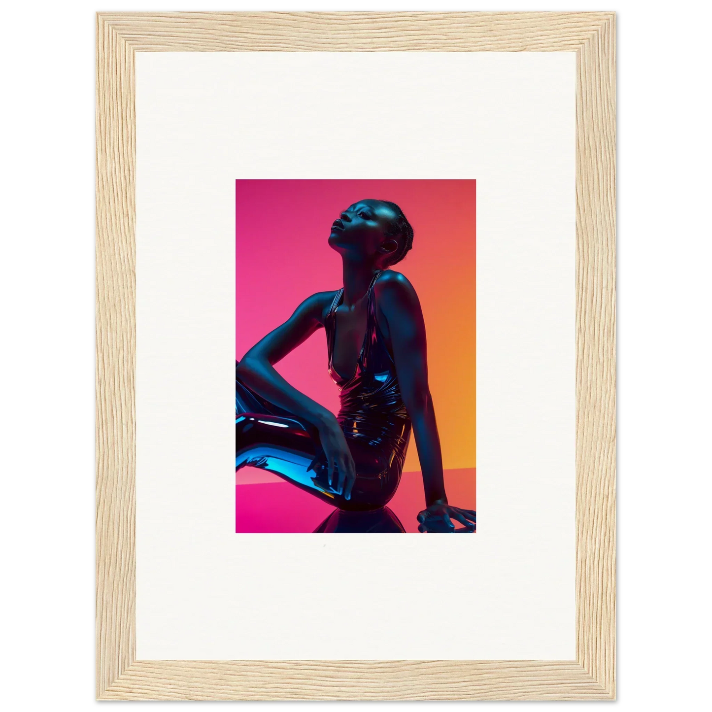 Silhouette of a seated figure with vibrant pink and orange gradient for Neon Echoes wall art