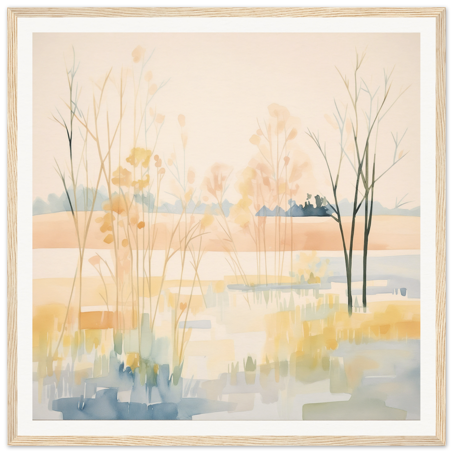 Ethereal Pastel Panorama featuring delicate reeds and trees in soft yellow and blue tones