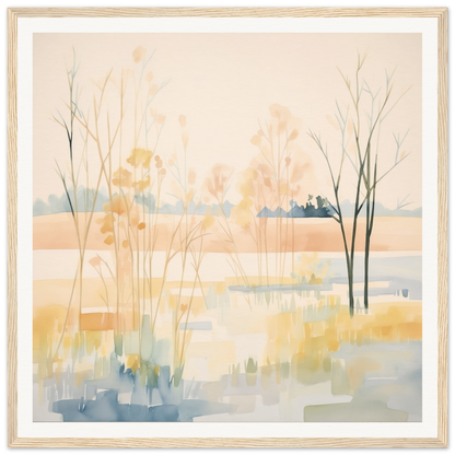 Ethereal Pastel Panorama featuring delicate reeds and trees in soft yellow and blue tones