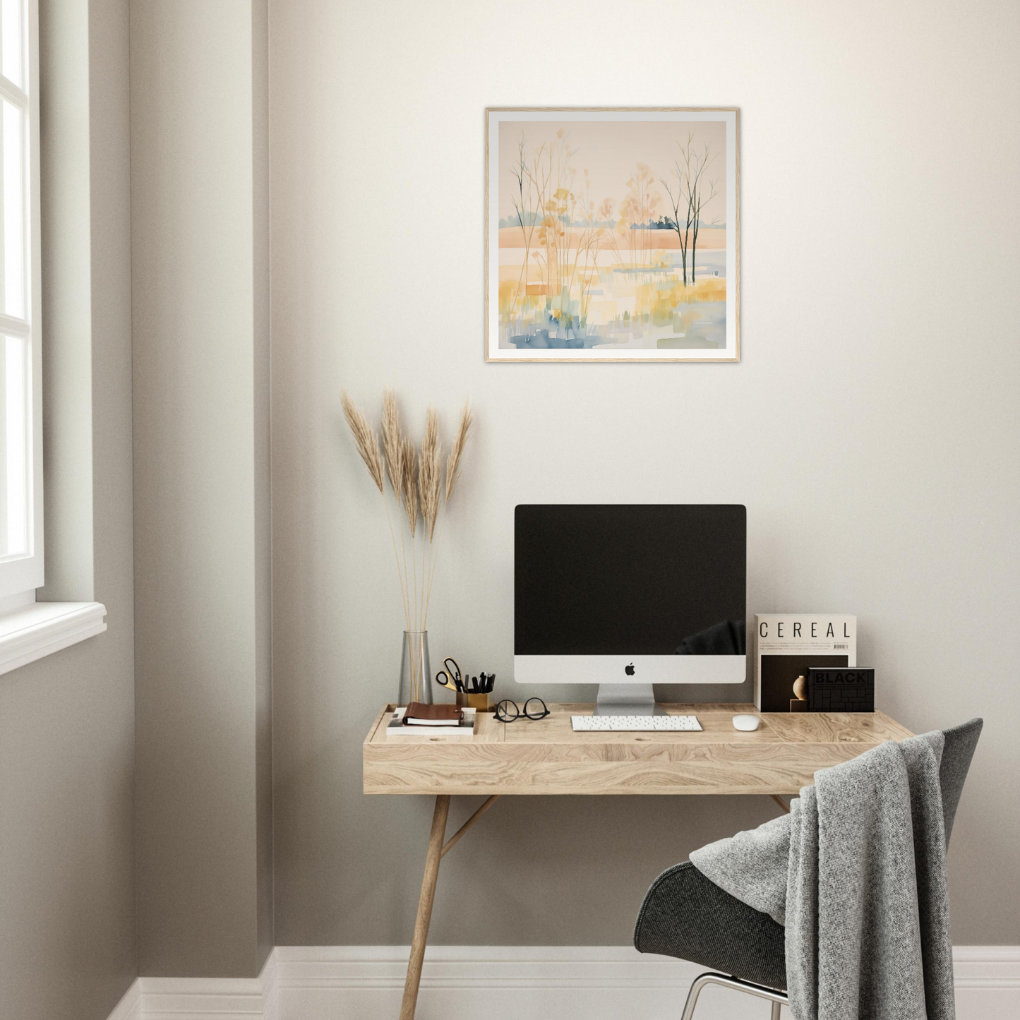 Wooden desk featuring an iMac and minimal accessories in Ethereal Pastel Panorama theme