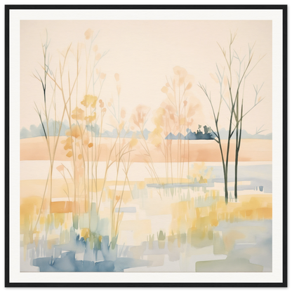 Watercolor landscape of delicate reeds and trees in an Ethereal Pastel Panorama