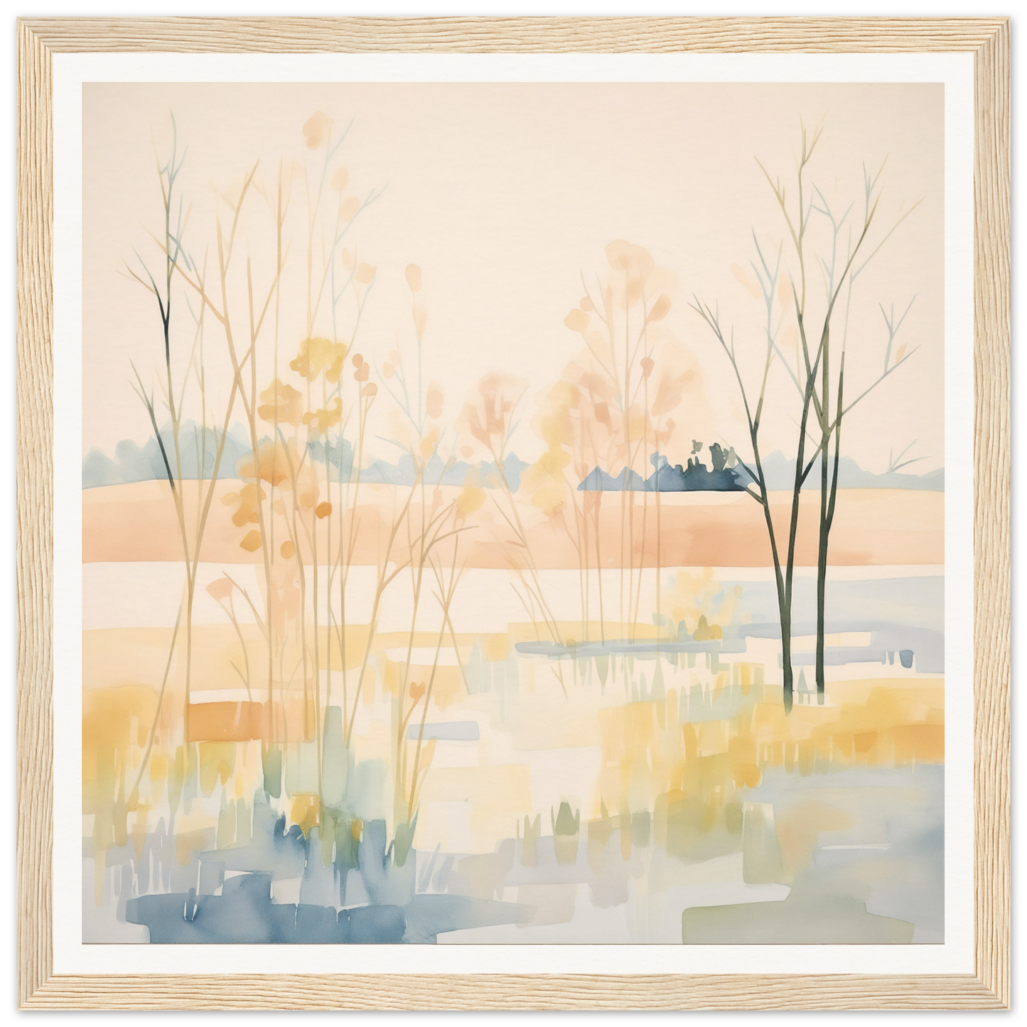 Watercolor landscape of misty trees and reeds in Ethereal Pastel Panorama tones