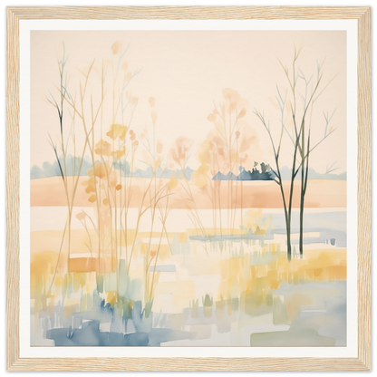 Watercolor landscape of misty trees and reeds in Ethereal Pastel Panorama tones